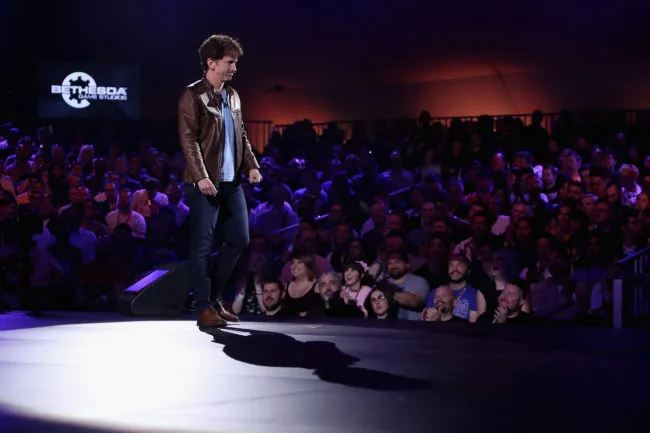 Todd Howard, Director and Executive Producer at Bethesda Game Studios, reveals Fallout 76 during the Bethesda E3 conference at the Event Deck at LA Live on June 10, 2018 in Los Angeles.