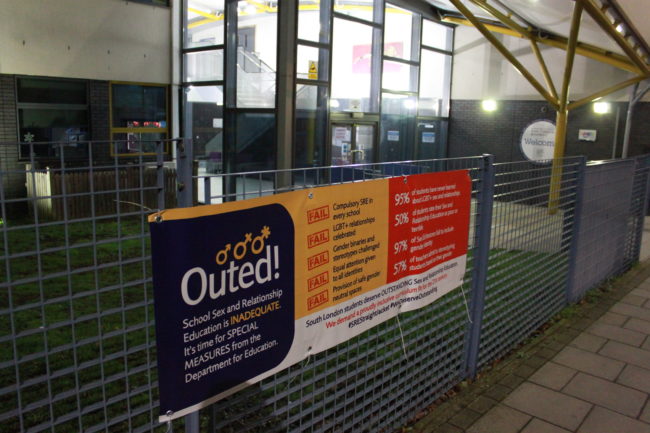 Student activists have made banners in the style of Ofsted to highlight the lack of LGBT+ inclusive sex education in schools 