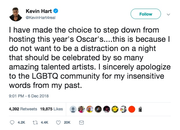 Kevin Hart about homophobia on Twitter. Hart has apologised for historic homophobic tweets and stepped down from hosting the Oscars 