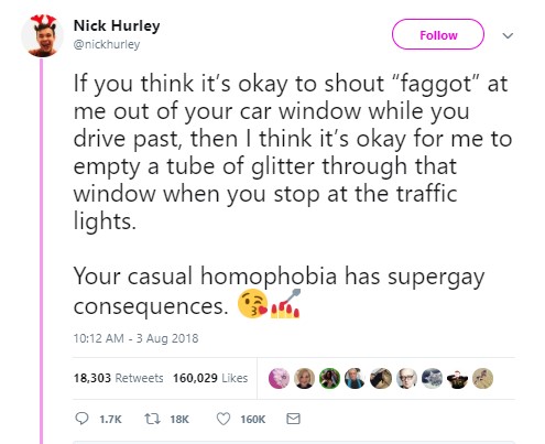 Nick Hurley Twitter tweet about throwing glitter at men who called him a faggot