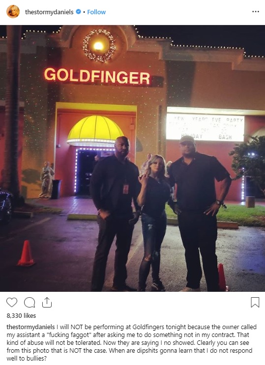 Stormy Daniels' photo from outside the Goldfinger club on Instagram