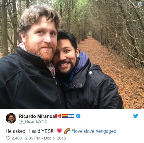 Ricardo Miranda and Christopher Brown smiling outside announcing their engagement on Twitter