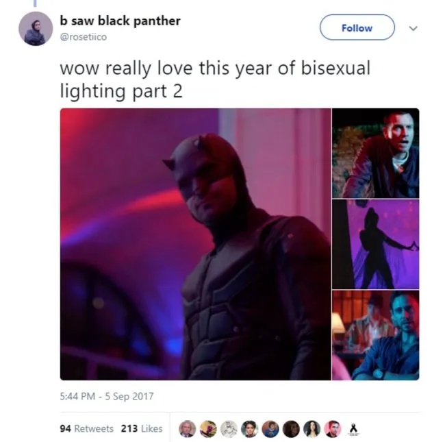 Gay memes: a tweet showing how bisexual lighting has been used in different shows and films in 2018