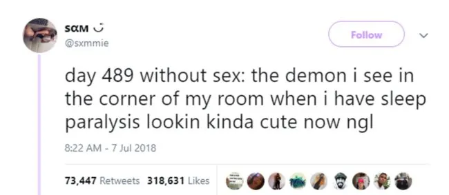 Gay memes: a tweet using the "day x without sex" meme format