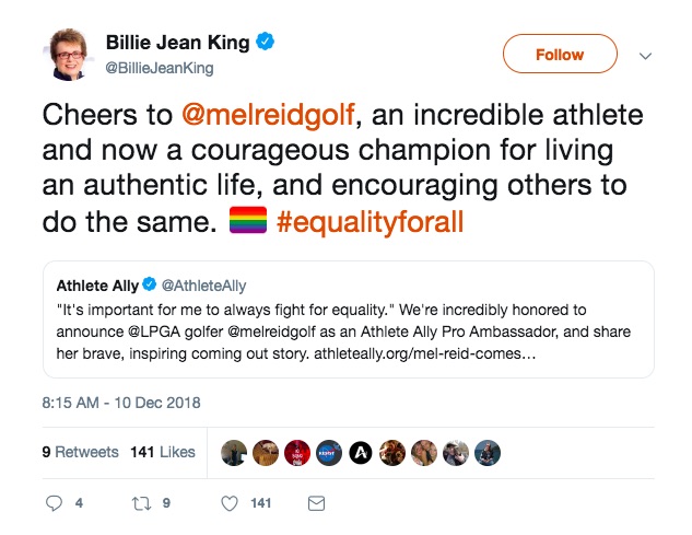 Billie Jean King praises Mel Reid for coming out on Twitter 