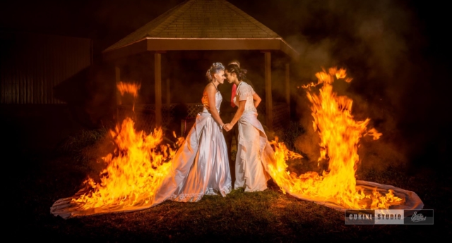 Two brides set their wedding dresses on fire at their marriage ceremony 