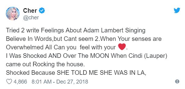 Cher's tweet about the performances from Lambert and Lauper