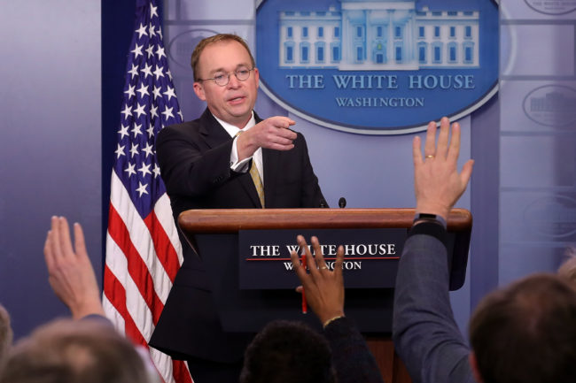 Office of Management and Budget Director Mick Mulvaney talks to reporters during a news conference about the ongoing partial shutdown of the federal government at the White House in January 2018