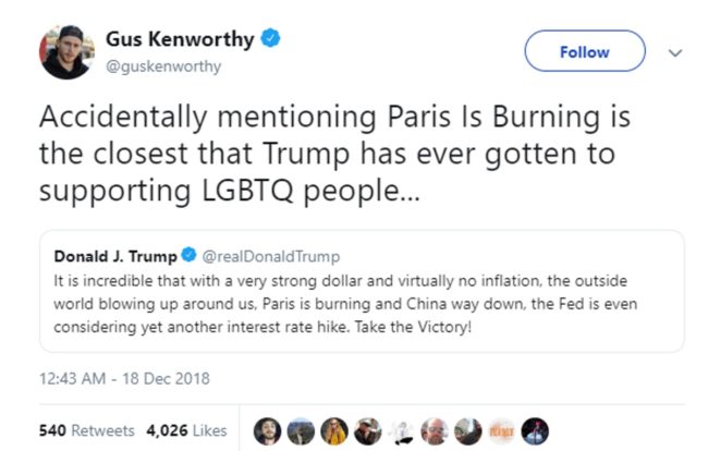 Gus Kenworthy tweeting: "Accidentally mentioning Paris Is Burning is the closest that Trump has ever gotten to supporting LGBTQ people..."