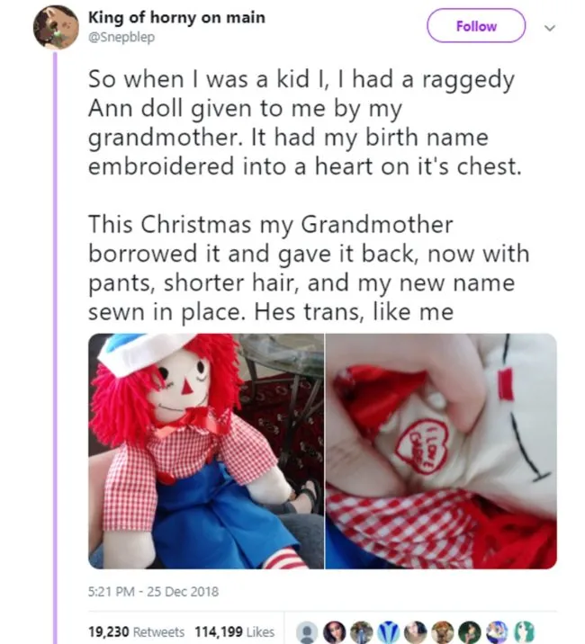 A tweet by trans man Gabe, explaining that his grandma changed his Raggedy Ann doll's gender to match his