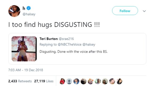 Halsey tells The Voice viewer Teri Burton: “I too find hugs DISGUSTING!!!”