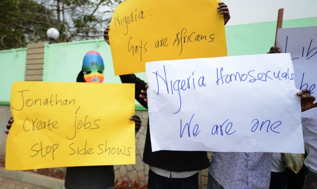 Gay and lesbian organisations demonstrate outside the Nigerian High Commission in Nairobi on February 7, 2014