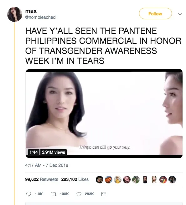 The viral tweet Twitter user max wrote about the Pantene Philippines ad.