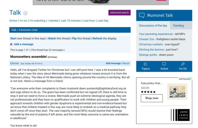 A screenshot of the Mumsnet thread started by Graham Linehan urging users to lobby the Big Lottery Fund to review its planned grant to Mermaids.