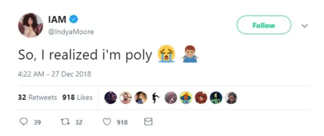 A screenshot of an Indya Moore tweet which reads: "So, I realised i'm poly    ‍♂."