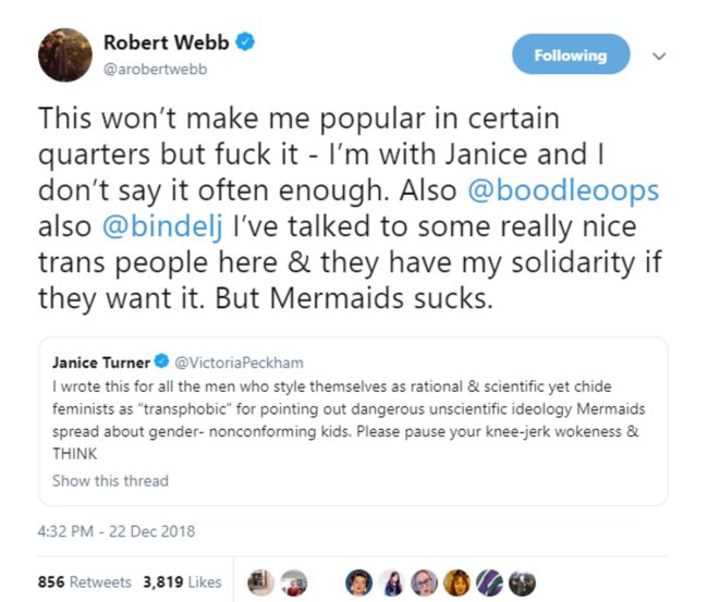 Tweet by Robert Webb in which he attacks Mermaids and voices support for Janice Turner