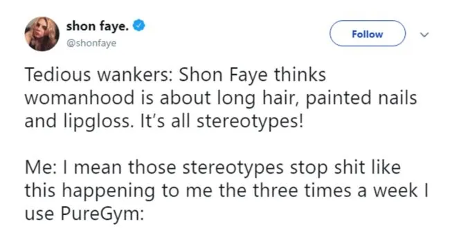 A tweet by Shon Faye about the trans woman who was thrown out of a PureGym women's changing room