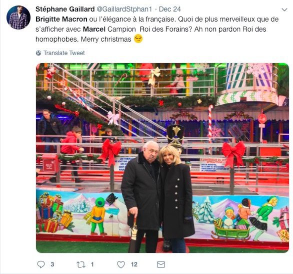 A tweet criticising French first lady Brigitte Macron for posing with Marcel Campion.