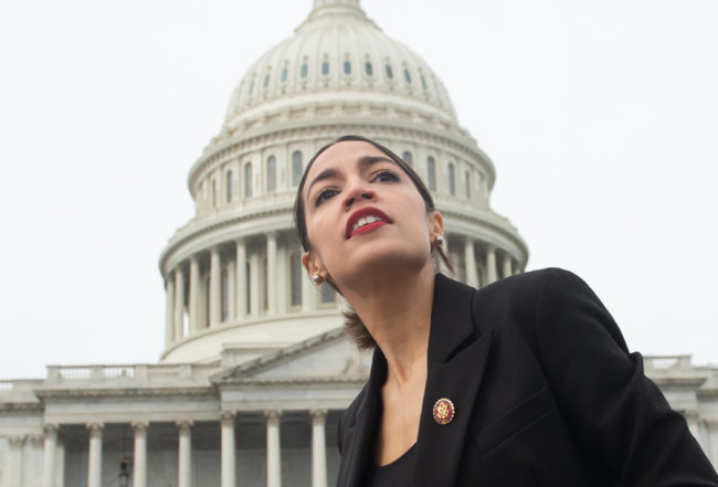US Representative Alexandria Ocasio-Cortez, Democrat of New York, leaves a photo opportunity with the female Democratic members of the 116th US House of Representatives outside the US Capitol in Washington, DC, January 4, 2019.