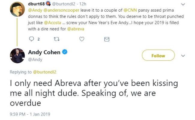 Andy Cohen responds to a Twitter troll who says he should be 'punched in the throat'
