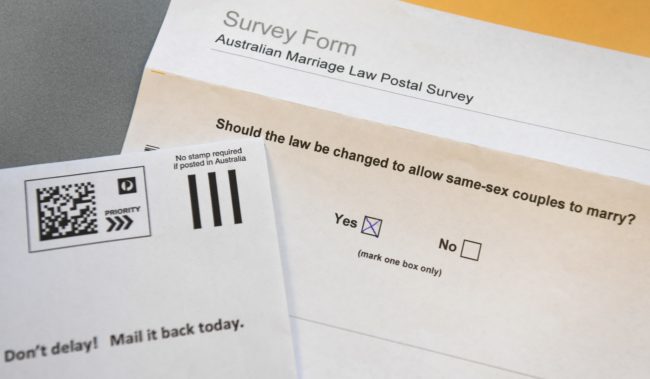 Australia equal marriage vote: A photo taken in Sydney on September 20, 2017, shows the voting form in the contentious postal survey on same-sex marriage.