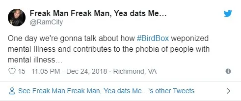 Tweet that Bird Box is representing mental illness negatively