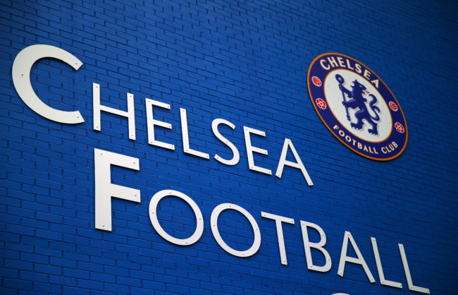 The Chelsea badge is seen at the club's Stamford Bridge ground