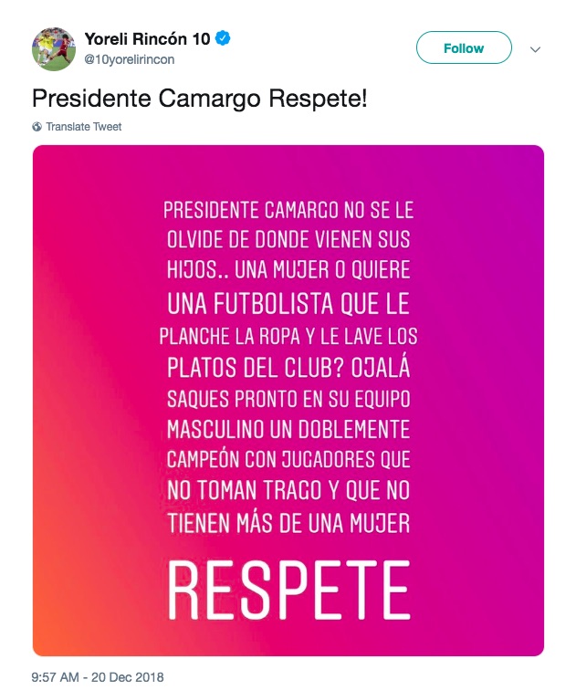 Yoreli Rincon condemning Gabriel Camargo on Twitter for his lesbian remark