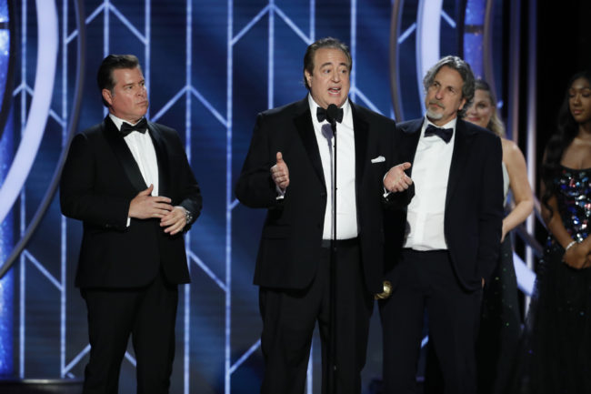 Green Book writers Brian Currie, Nick Vallelonga and Peter Farrelly of “Green Book” accept the Best Screenplay – Motion Picture award onstage during the 76th Annual Golden Globe Awards at The Beverly Hilton Hotel on January 06, 2019 in Beverly Hills, California. 