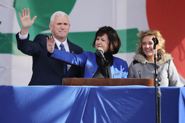 Karen Pence (C) pictured with her husband and daughter, who also attended the school who discriminates against LGBT+ students.