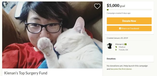Kiernan is crowdfunding on GoFundMe for top surgery