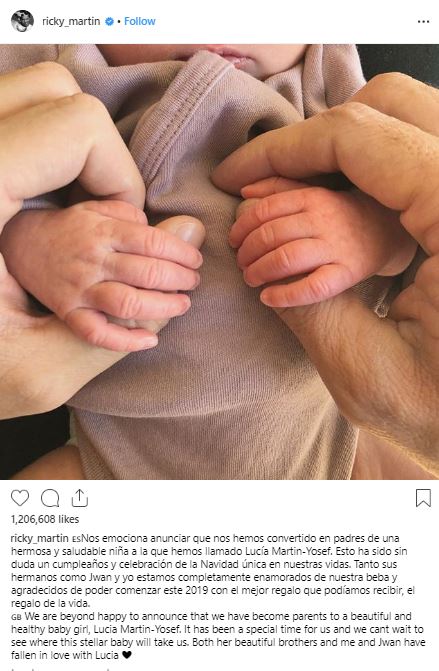 Ricky Martin announced the birth of his third child, Lucia Martin-Yosef