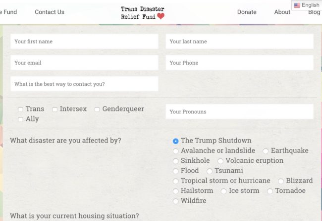 The form on the Transgender Disaster Relief Fund website needed to receive assistance during the government shutdown.
