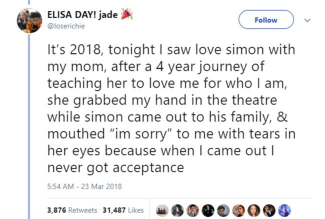 Tweet reading: "She grabbed my hand in the theatre while simon came out to his family, & mouthed ‘I’m sorry’ to me with tears in her eyes because when I came out I never got acceptance"