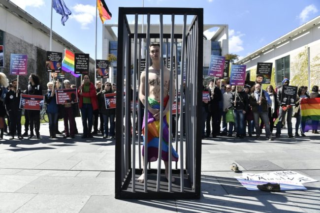 A protest in Berlin calling on Russian President Vladimir Putin to put an end to the persecution of gay men in Chechnya