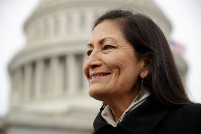 Deb Haaland talks with reporters after a portrait with her fellow House Democratic women in front of the U.S. Capitol January 04, 2019 in Washington, DC