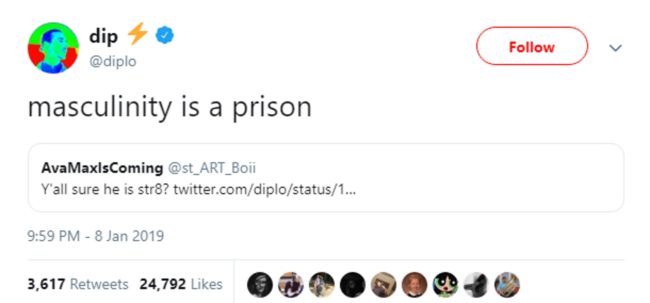 A tweet by US DJ Diplo, reading: "masculinity is a prison"