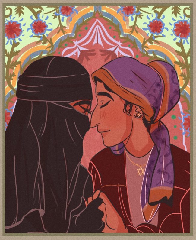 Gay art by Caleb, showing a Muslim woman and a Jewish woman