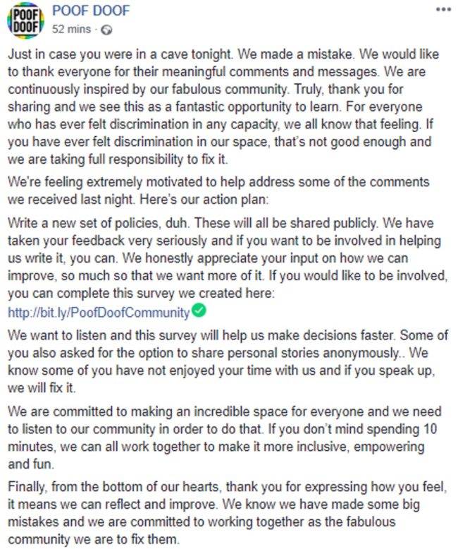 Gay bar Poof Doof posted an apology on Facebook on Wednesday (January 16)