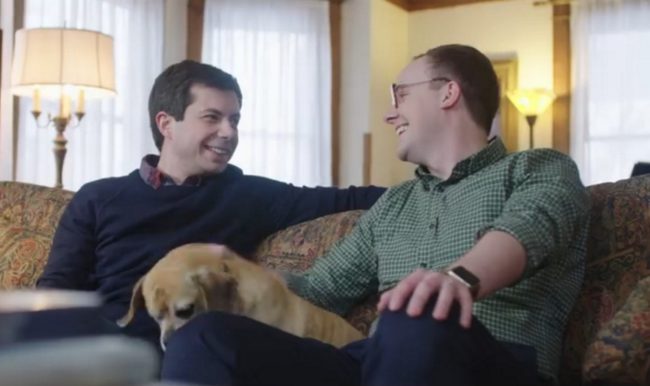Pete Buttigieg with his husband Chasten Glezman in the candidate's first presidential campaign video