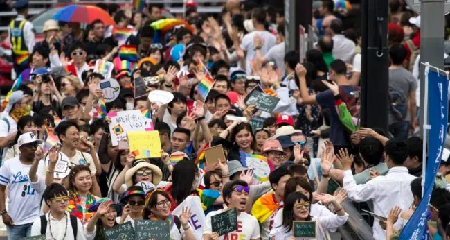 Attendees take part in the Tokyo Rainbow Pride Parade on May 6, 2018 in Tokyo, Japan. The LGBT community and supporters marched down Shibuya and Harajuku areas on the final day of the Tokyo Rainbow Pride 2018 event to support lesbian, gay, bisexual and transgender people