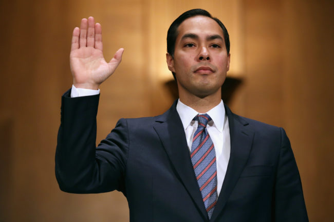 Mayor Julian Castro is sworn in during his confirmation hearing before the Senate Banking, Housing and Urban Affairs Committee in the Dirksen Senate Office Building on Capitol Hill June 17, 2014 in Washington, DC