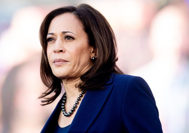 California Senator Kamala Harris, who spoke out against the attack on Jussie Smollett looks on during a rally launching her presidential campaign on January 27, 2019 in Oakland, California