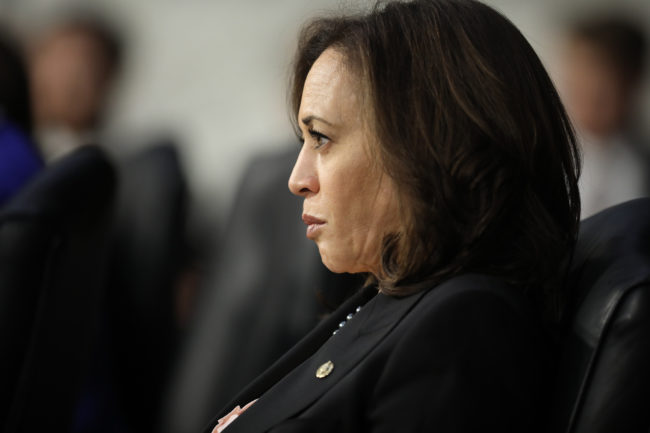 Kamala Harris, who has defended the right of transgender students to use their bathroom of choice, listens to testimony from U.S. Attorney General nominee William Barr during his confirmation hearing January 15, 2019 in Washington, DC