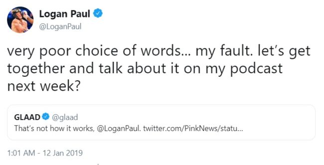 Logan Paul attempted to calm the situation by inviting GLAAD onto his podcast. (Twitter/@LoganPaul)