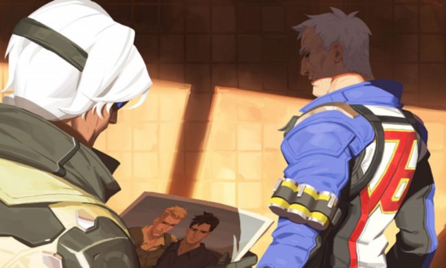 Overwatch character Ana looks at a picture of Soldier 76 with Vincent