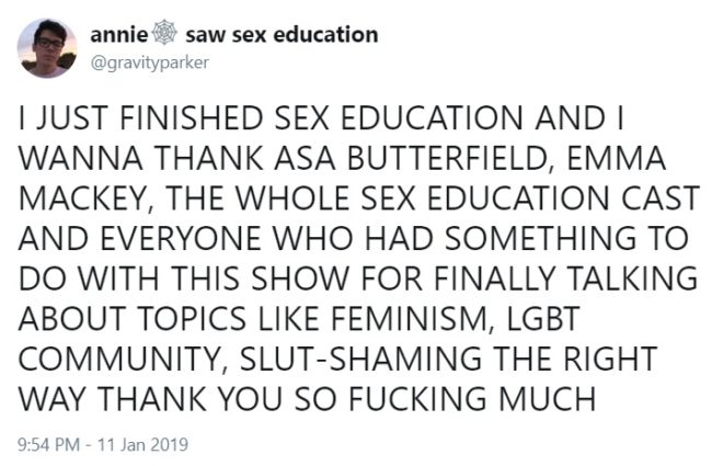 Sex Education was also praised for talking about feminism and slut-shaming. (Twitter/@gravityparker)