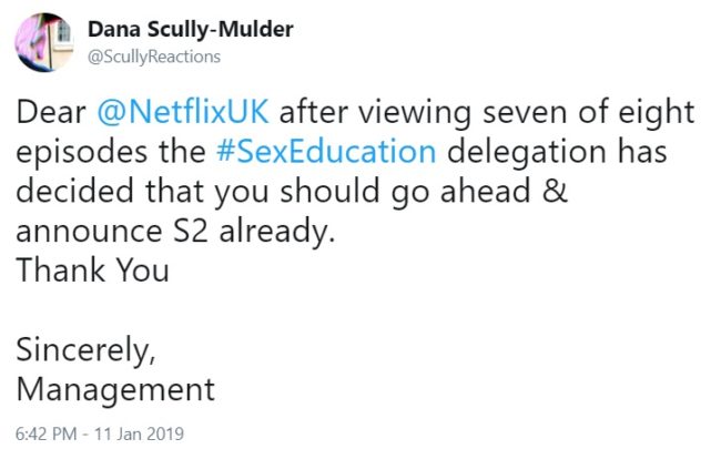 Fans of Sex Education were already ready for a second season. (Twitter/@scullyreactions)
