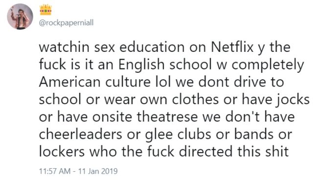 Many felt the school was too American for its British setting. (Twitter/@rockpaperniall)