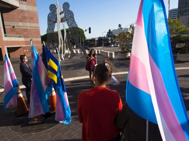 Members of the transgender community gather to celebrate International Transgender Day of Visibility, March 31, 2017 in Los Angeles, California.
